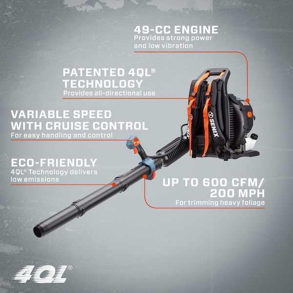 Gas-Powered Backpack Leaf Blower, 600 Cfm, 200 Mph